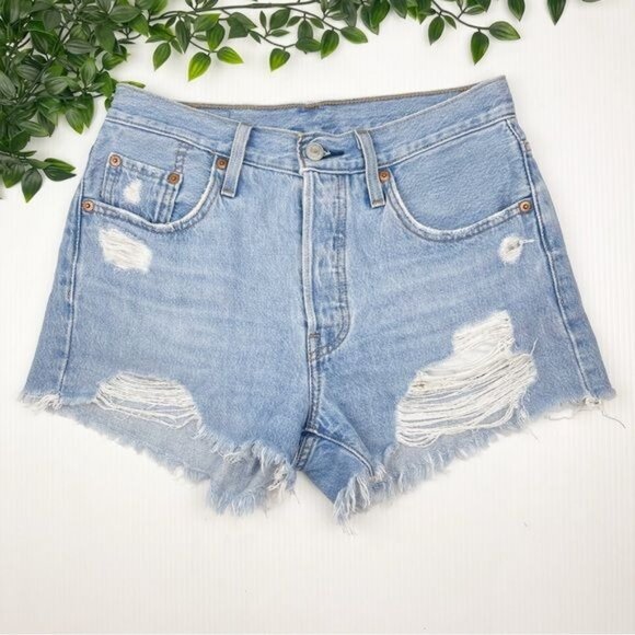 LEVI'S 501 High Rise Denim Shorts distressedSansome Stranger frayed hem 25 - Picture 1 of 11